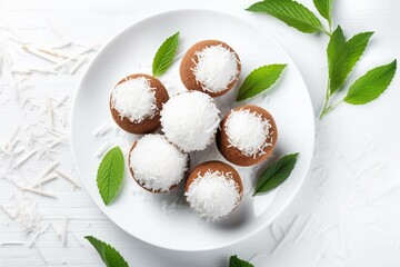 Wall Mural - Coconut Dessert Balls , Isolated white background, flat lay