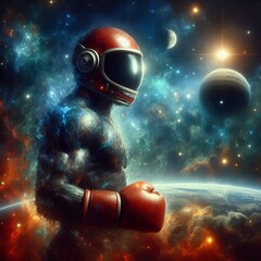 Wall Mural - a boxer in a space helmet and suit floating among stars with a d