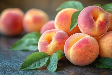 Wall Mural - A bunch of peaches with green leaves on top