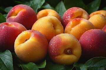 Wall Mural - A bunch of peaches are sitting on a leafy green background