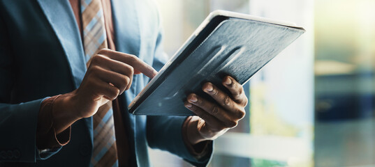 Wall Mural - Office, tablet and hands of businessman scroll for research, website and online for stock trading. Professional, corporate and person on digital tech for financial planning, fintech and budget review