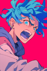 Wall Mural - A vibrant illustration of a character with blue hair, expressing intense emotion against a pink background.