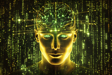 futuristic ai-powered digital human brain concept with glowing neural network, virtual matrix code b