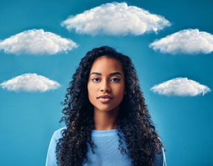 Wall Mural - Young beautiful black haired woman standing against blue background surrounded by fluffy white cloudy floating in front of her