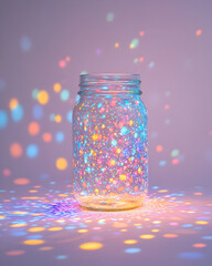 Wall Mural - A jar filled with colorful glitter is sitting on a table. The jar is filled with a variety of colors, including blue, green, and yellow. The glitter is scattered throughout the jar