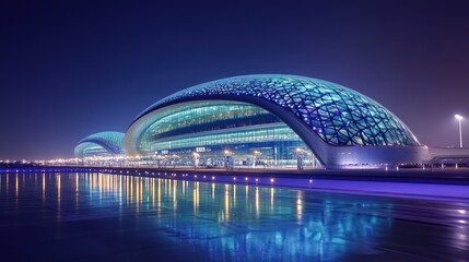 Aufkleber - A modern architectural structure illuminated at night, reflecting in the water.