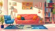 © Екатерина Каболова - A cozy living room interior with flat style design, featuring a red sofa, blue armchair, bookshelf filled with colorful books, potted plants, and decorative cushions. Generative AI