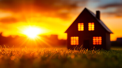 Sticker - Cozy House Silhouetted Against Vibrant Sunset in Golden Hour Light