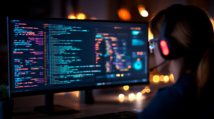 A focused individual is engaged in coding on computer, surrounded by warm, ambient glow from lights. screen displays colorful lines of code, highlighting tech savvy environment