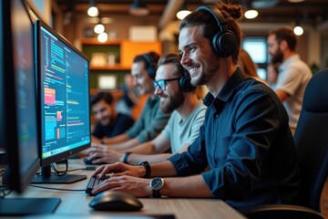 focused team of programmers collaborating in a modern office, using computers and wearing headphones