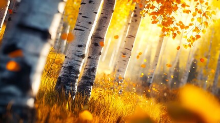 Wall Mural - A group of birch trees in a forest with yellow leaves