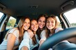 © SimpleDesignStudio - Four Young Women Smiling in Car, Perfect for Advertising Friendship, Travel, and Happiness Concepts