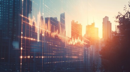 Leinwandbilder - A sunset view of a city skyline reflected on glass, with graph lines indicating data trends.