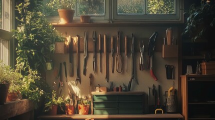 Cozy Workshop with Tools and Greenery