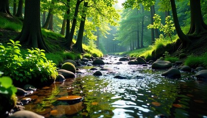 A meandering stream babbles through the forest, riverbank, water