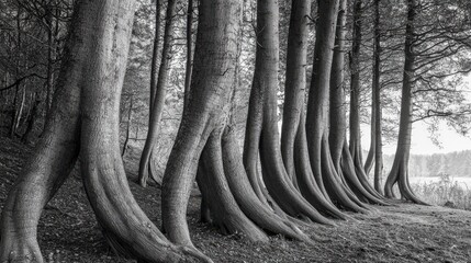 Wall Mural - Leaning forest trees in a tranquil location nature photography vibrant green environment serene viewpoint