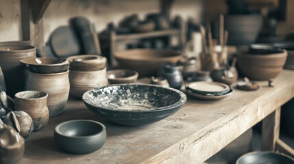 Wall Mural - An artistic pottery studio with tools and clay, Pottery wheels and molds arranged orderly, Rustic artisan style