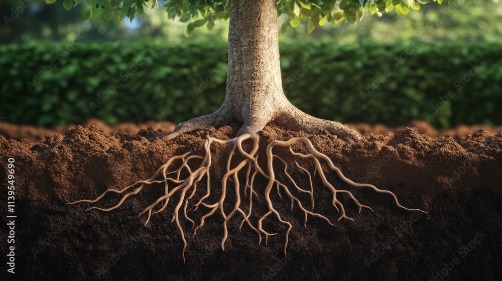 Smooth Tree Roots Mature tree roots spreading deeply into rich soil, with lush green ...