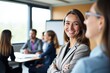 © NeedMoreMars - Confident Businesswoman Smiling in Professional Meeting Room, Ideal for Business Marketing and Team Motivation