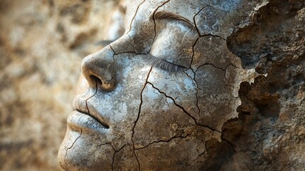 Poster - Cracked face sculpture illuminated by soft light artistic studio digital art textured environment close-up view emotions