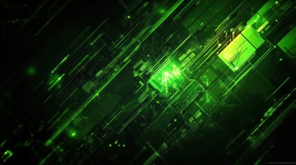 Poster - Abstract green digital background with geometric patterns and lines, evoking technology themes.