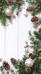 Wall Mural - panoramic christmas theme with branches cones on white wooden background