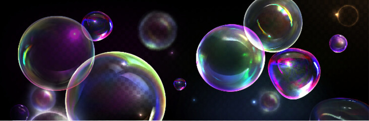 Wall Mural - soap bubbles pattern on transparent background. vector realistic illustration of air and water balls