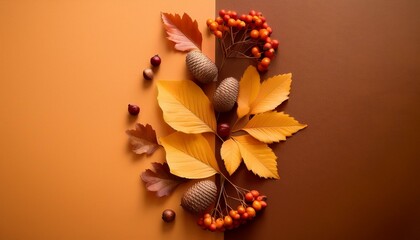 Canvas Print - Autumn still life with fall leaves, berries, and acorns.