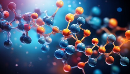 Abstract Molecular Structure. Intricate network of blue and orange spheres connected by glowing lines. Science, technology, and innovation.