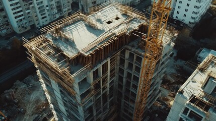 Aufkleber - Aerial view of a construction site with a crane and partially built high-rise building.