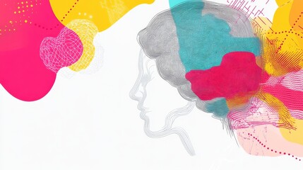 Wall Mural - Colorful Abstract Illustration of a Female Profile with Creative Patterns and Shapes in Bright Colors, Ideal for Artistic and Modern Designs