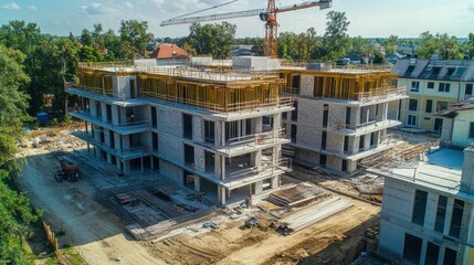 Aufkleber - Construction site with multi-story buildings and a crane under a clear sky.