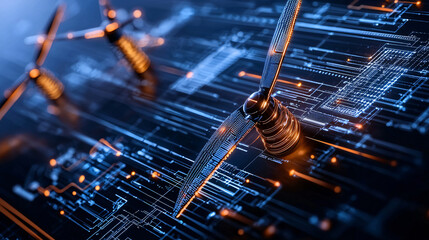 Aufkleber - close up of green energy smart grid system featuring wind turbine blades and digital circuitry, symbolizing innovation and sustainability in renewable energy