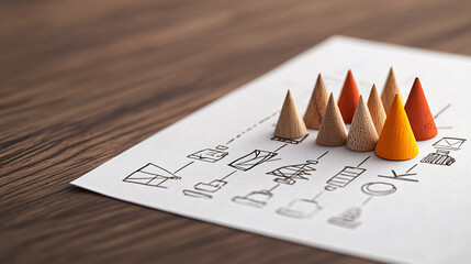 Aufkleber - Colorful wooden cones arranged on sketch of community workshop layout, showcasing creativity and design. warm tones of cones contrast with paper background