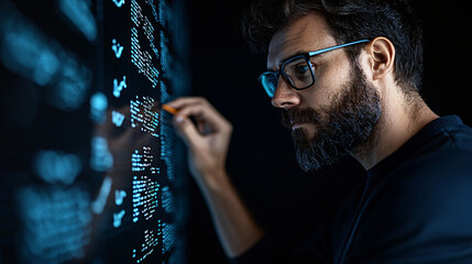 Fototapete - focused man analyzing data on digital screen, wearing glasses and beard. His concentration reflects importance of information