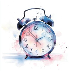 Bright and whimsical watercolor alarm clock illustration.