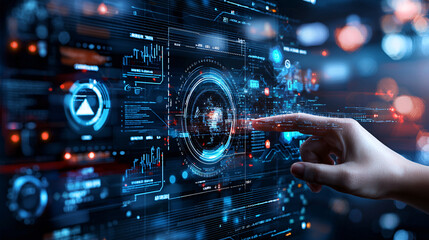 Poster - digital dashboard displaying KPIs and actionable insights with hand interacting with interface. futuristic design emphasizes technology and data visualization
