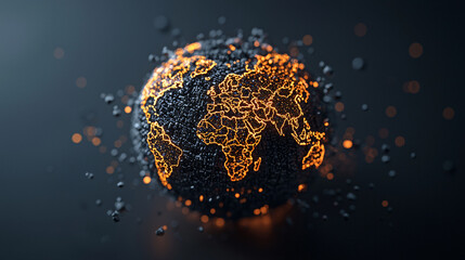Poster - digital globe representation with glowing orange continents and dark background, symbolizing global connectivity and technology