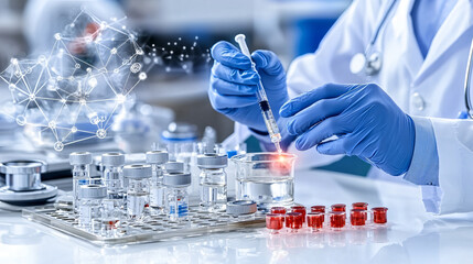 Poster - Laboratory scene with doctor using syringe to conduct experiments, showcasing biotechnology and research. atmosphere is focused and innovative