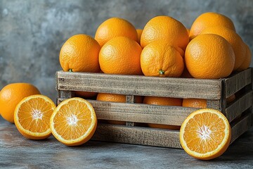 Wall Mural - A crate full of oranges with one orange cut in half