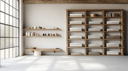 Aufkleber - Modern workspace with wooden shelves displaying neatly arranged towels and pottery, creating serene and organized atmosphere