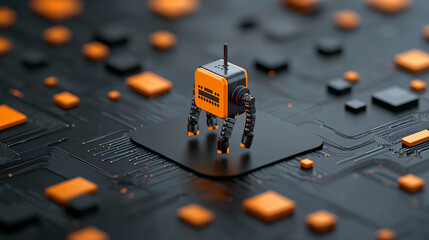 Fototapete - futuristic robot with orange accents stands on circuit board, surrounded by geometric shapes. design showcases advanced technology and innovation in robotics