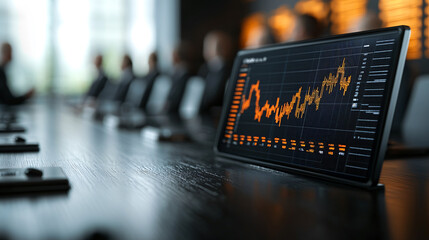 Poster - High resolution image of corporate boardroom with tablet displaying financial data and graphs. atmosphere is professional and focused on business analysis