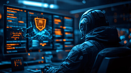 Fototapete - high resolution image of futuristic hacker working at computer, surrounded by glowing screens displaying data and security graphics. atmosphere is intense and tech focused