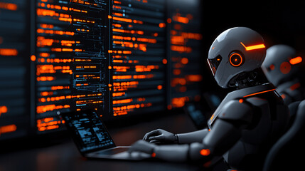 Poster - futuristic robot working on laptop in high tech environment, surrounded by glowing screens filled with data. scene conveys sense of advanced technology and innovation