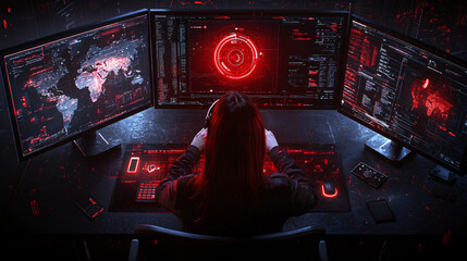 Poster - cybersecurity analyst monitors multiple screens displaying global data and security metrics in high tech environment. atmosphere is intense and focused
