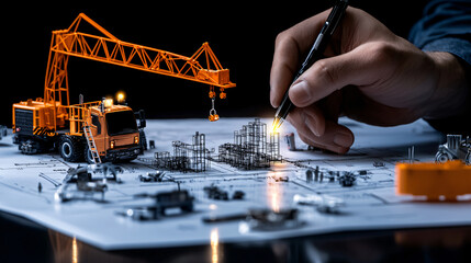 Aufkleber - construction expert designs project with miniature crane and truck, showcasing detailed blueprints and tools. scene captures essence of engineering and planning