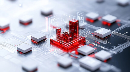 Poster - digital representation of data analysis with red bar graphs on circuit board. image conveys sense of technology and innovation in data visualization