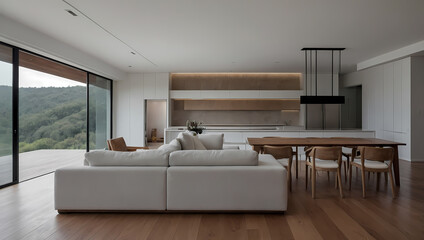 Contemporary living room featuring a white sofa, wooden dining table, and large windows overlooking a green landscape.