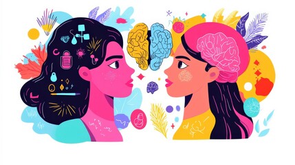 Wall Mural - Colorful Illustration of Two Women Facing Each Other with Stylized Brains and Creative Elements Representing Thought, Ideas, and Inspiration in a Vibrant Artistic Style